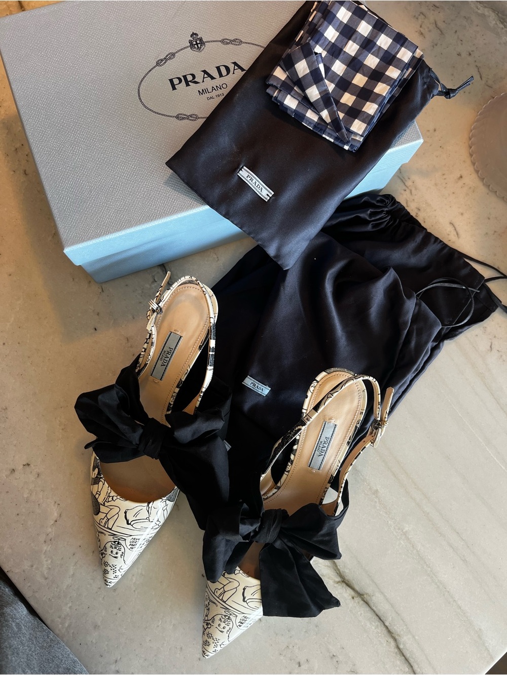 Prada Cream & Black Comic Strip Printed Bow Slingback Pumps. Very Special.